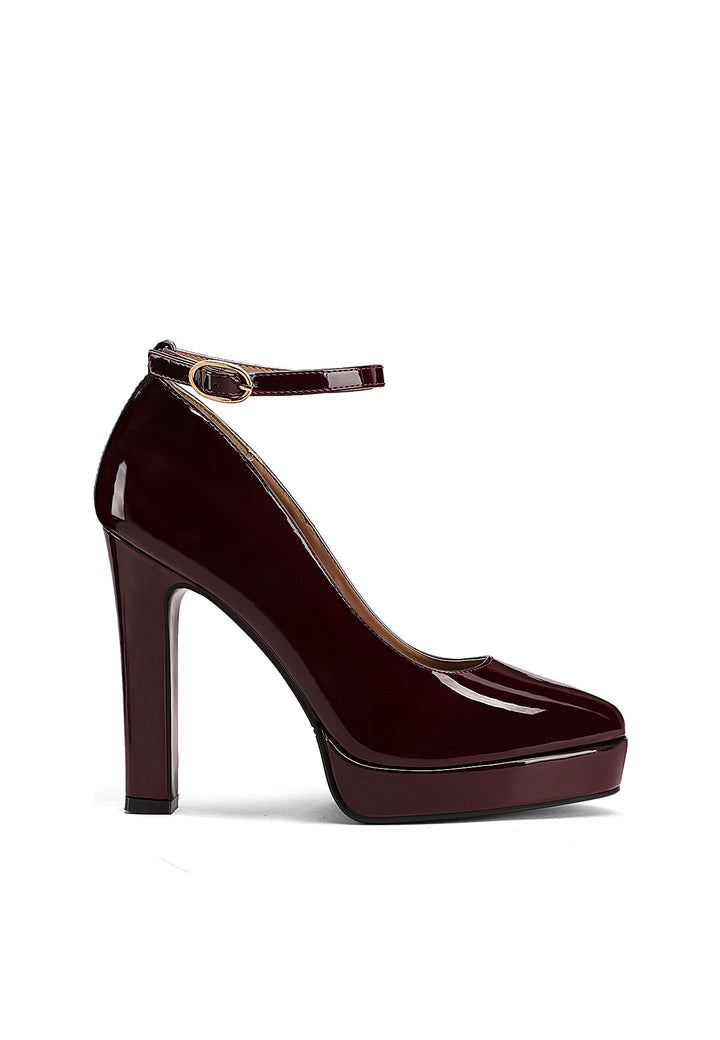 Décolleté donna eleganti con tacco alto largo, plateau e cinturino alla caviglia bordeaux