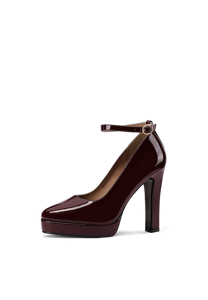 Décolleté donna eleganti con tacco alto largo, plateau e cinturino alla caviglia bordeaux