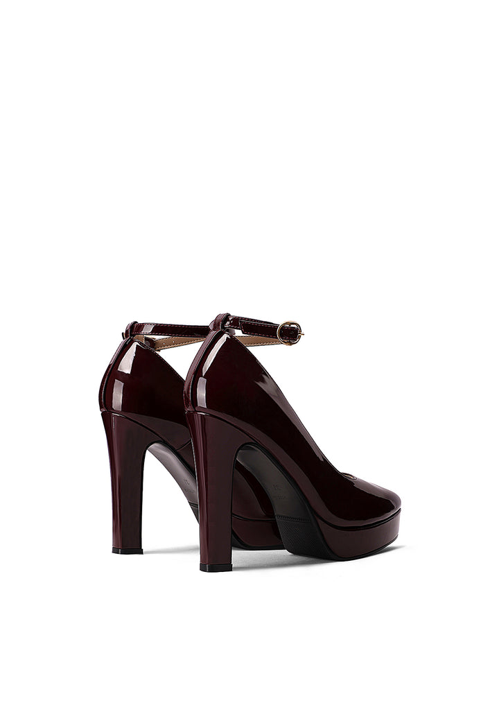 Décolleté donna eleganti con tacco alto largo, plateau e cinturino alla caviglia bordeaux