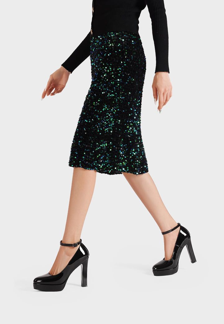 Décolleté donna eleganti con tacco alto largo, plateau e cinturino alla caviglia nere vernice