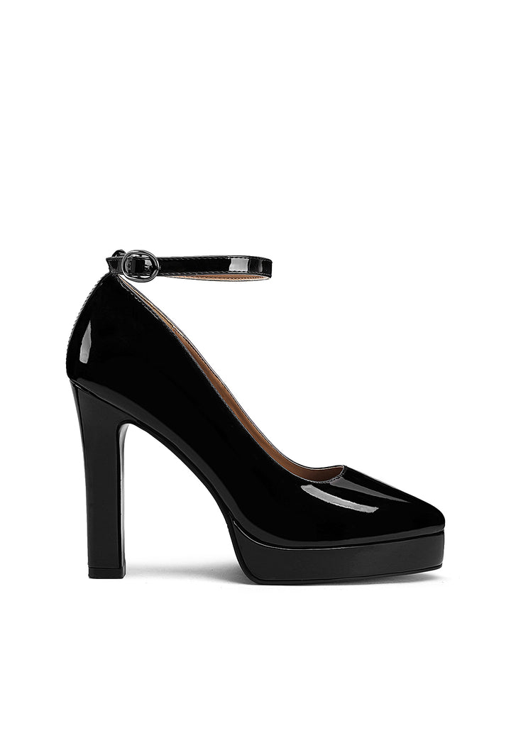 Décolleté donna eleganti con tacco alto largo, plateau e cinturino alla caviglia nere vernice
