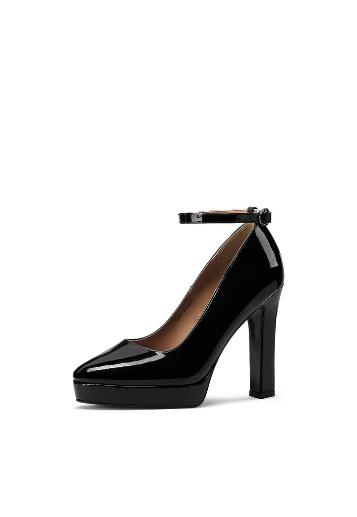Décolleté donna eleganti con tacco alto largo, plateau e cinturino alla caviglia nere vernice