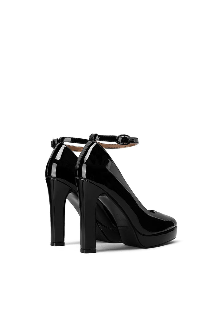 Décolleté donna eleganti con tacco alto largo, plateau e cinturino alla caviglia nere vernice