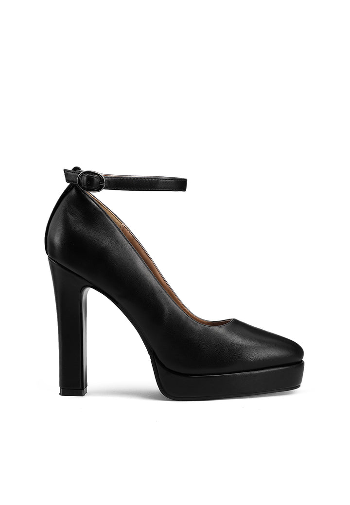 Décolleté donna eleganti con tacco alto largo, plateau e cinturino alla caviglia nere