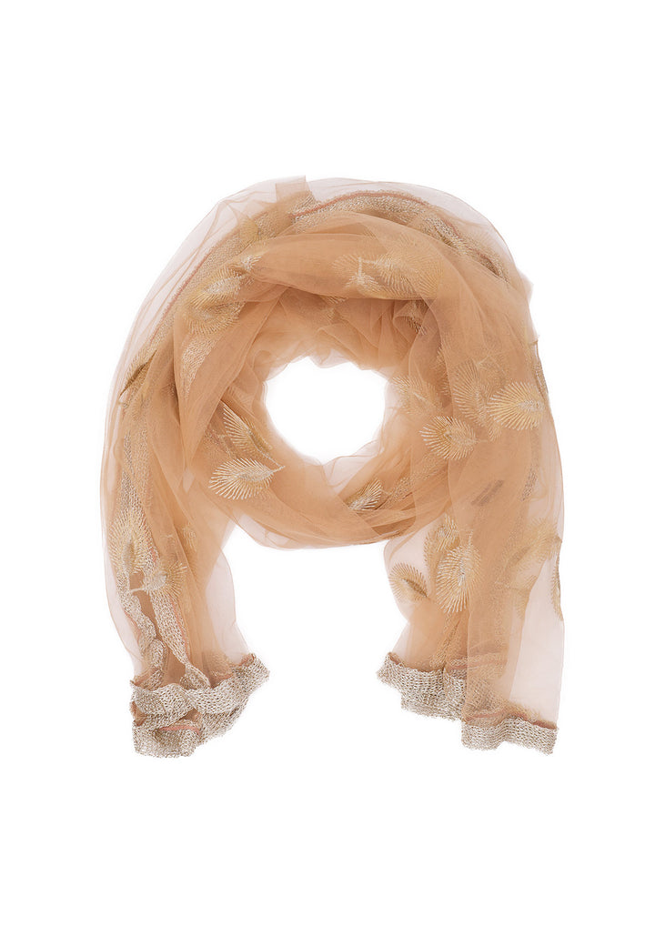 Foulard trasparente cammello con decorazioni a forma di foglie