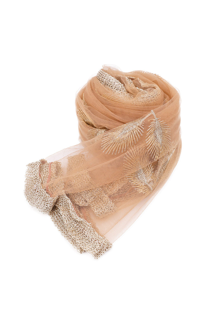 Foulard trasparente cammello con decorazioni a forma di foglie