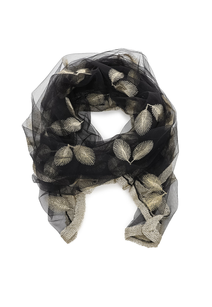 Foulard trasparente nero con decorazioni a forma di foglie