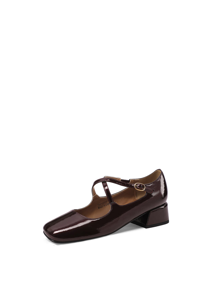 Mary Jane donna eleganti a punta con tacco basso largo e cinturino bordeaux