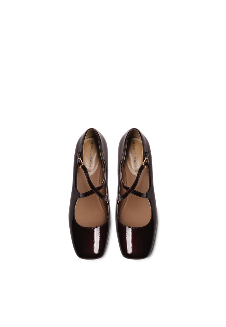 Mary Jane donna eleganti a punta con tacco basso largo e cinturino bordeaux