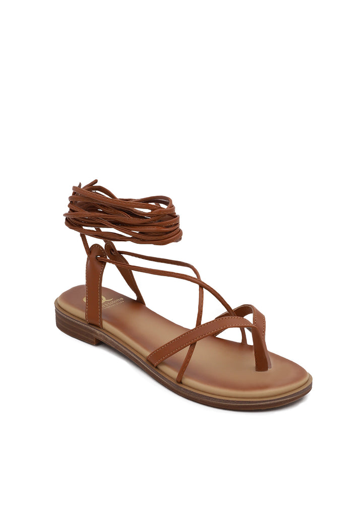 sandali bassi da donna modello alla schiava con lacci colore marrone
