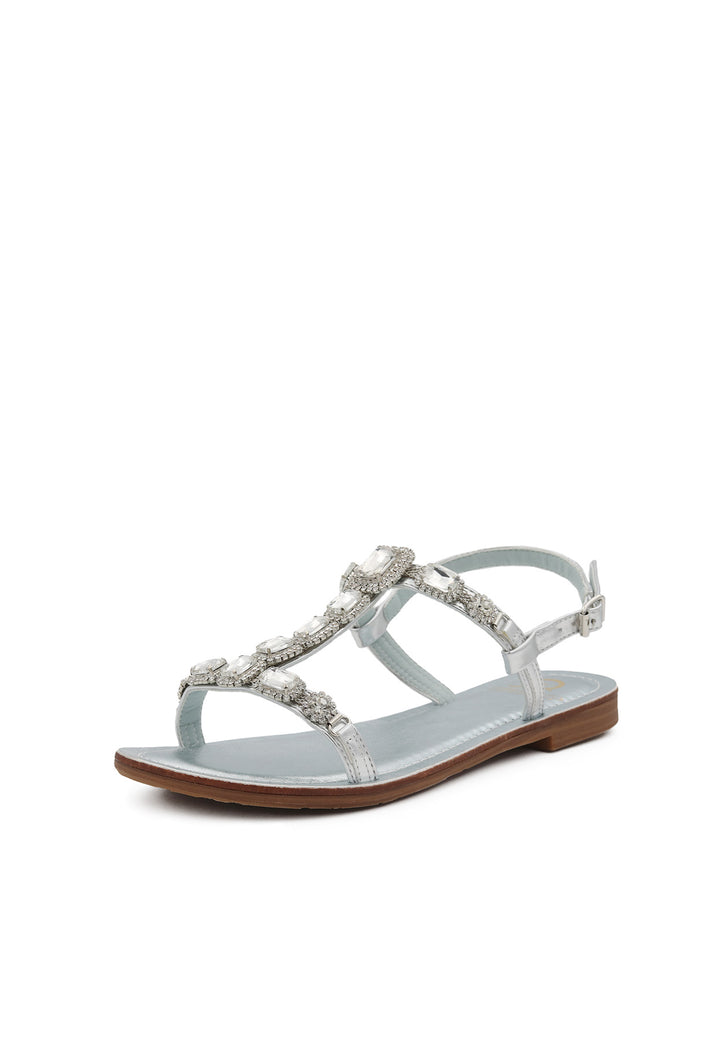 sandali bassi positano colore argento con applicazioni gioiello e cinturino