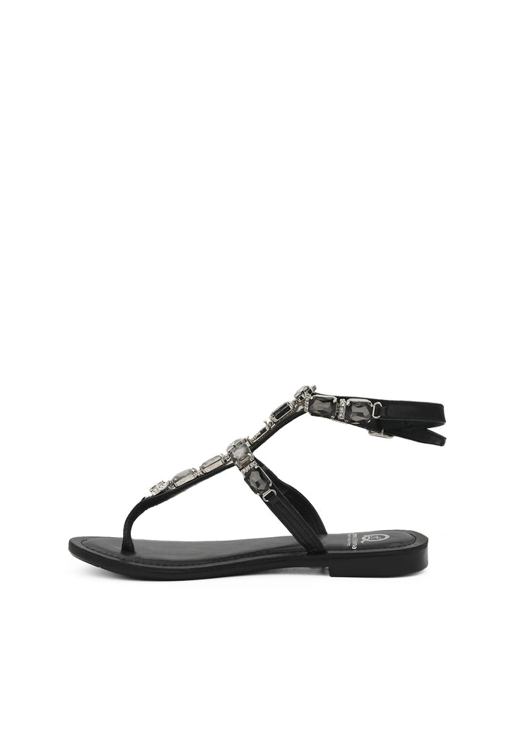 sandali da donna bassi modello positano gioiello colore nero con cinturino e applicazioni gioiello