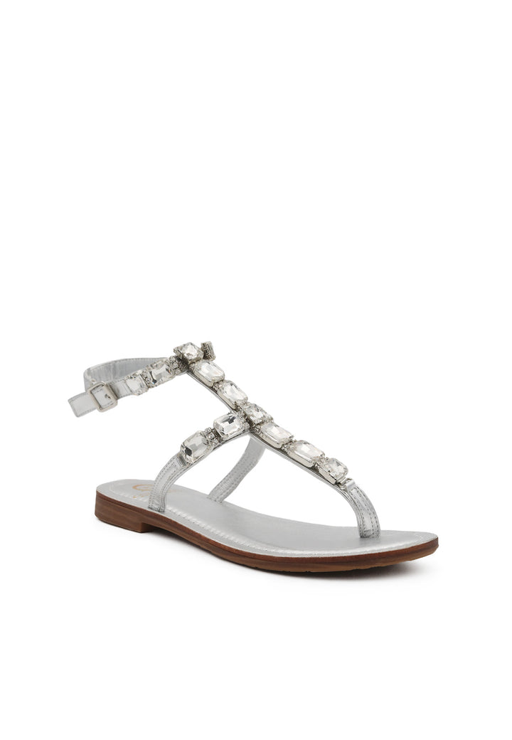 sandali da donna bassi modello positano gioiello colore argento con cinturino e applicazioni gioiello