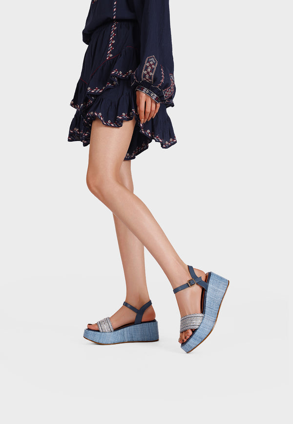 Sandali donna tacco in raso blu tacco doppio 7 cm open toe disegno