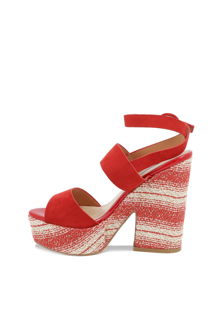 sandali da donna estivi colore rosso con tacco alto e plateau e cinturino