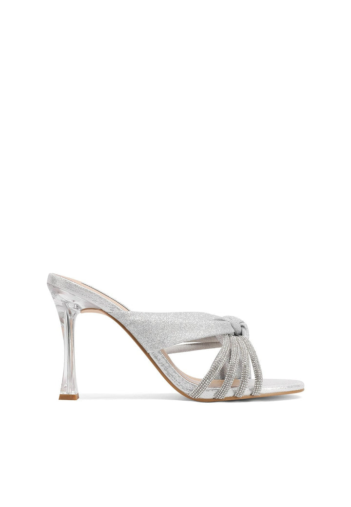 sandali eleganti colore argento con brillantini e tacco trasparente