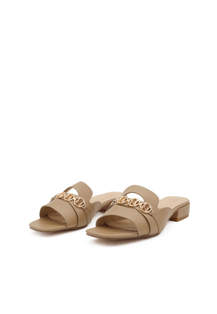 sandali da donna con tacco basso stile ciabatta colore beige con fascia e 3 loghi