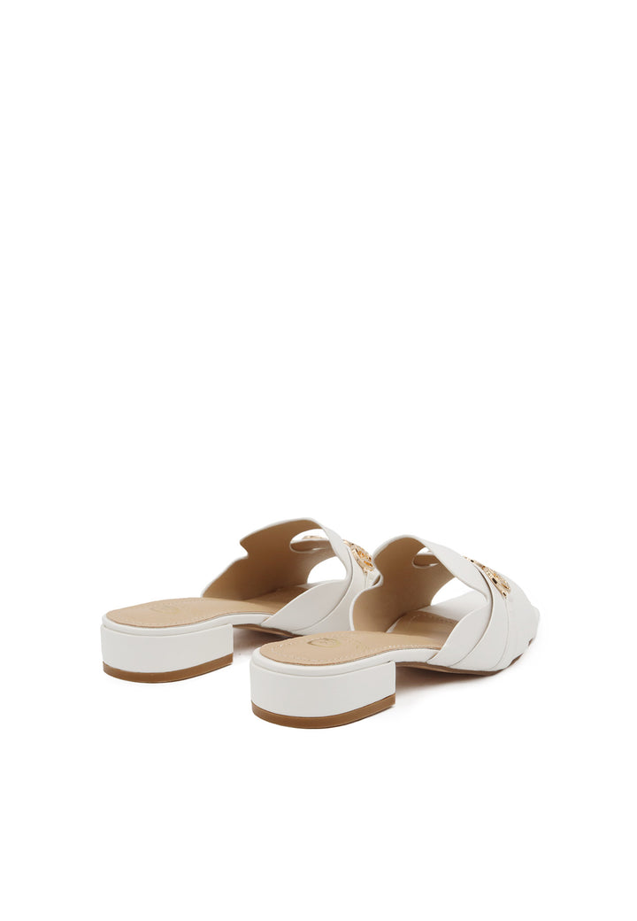 sandali da donna con tacco basso stile ciabatta colore bianco con fascia e 3 loghi