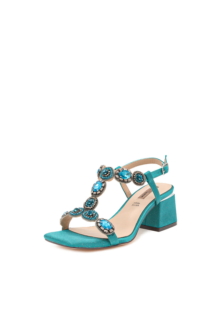 Sandali eleganti con tacco comodo da 6 cm, cinturino e pietre sulla tomaia colore blu scuro