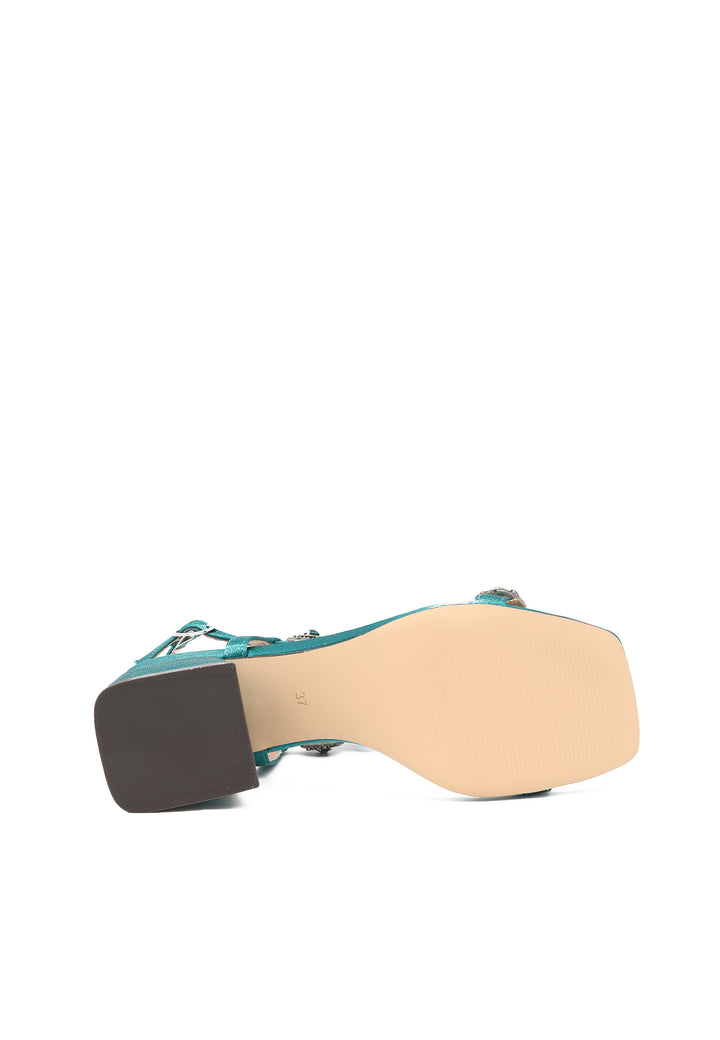 Sandali eleganti con tacco comodo da 6 cm, cinturino e pietre sulla tomaia colore blu scuro