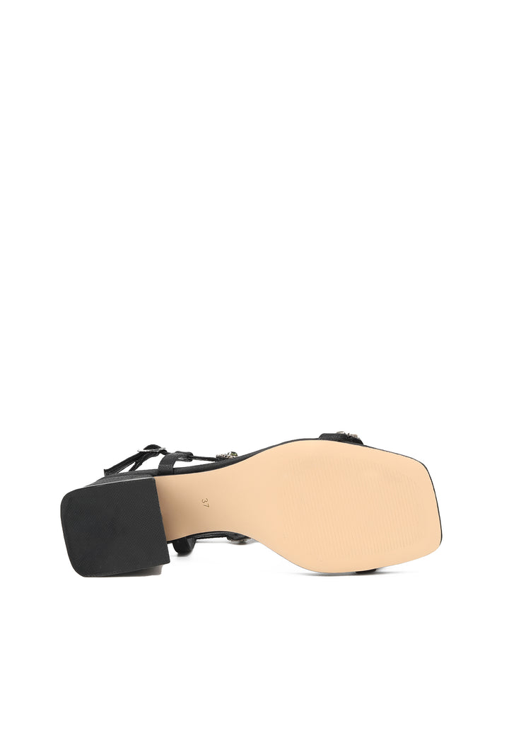 Sandali eleganti con tacco comodo da 6 cm, cinturino e pietre sulla tomaia colore nero