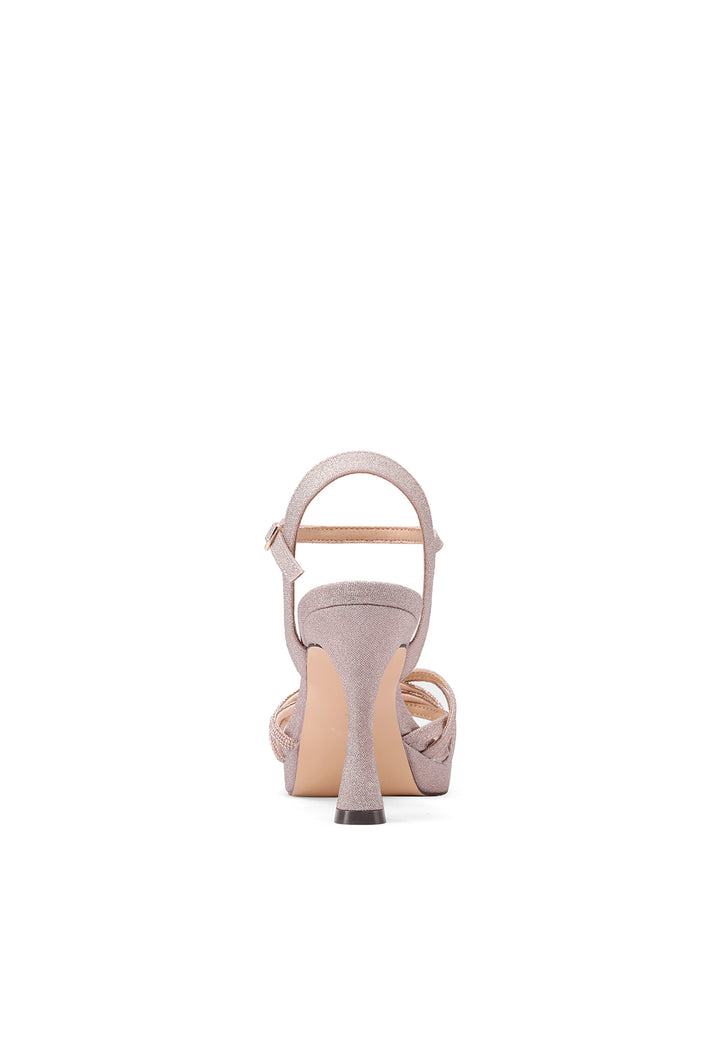 Sandali con tacco alto, cinturino e strass sulla tomaia incrociata colore champagne