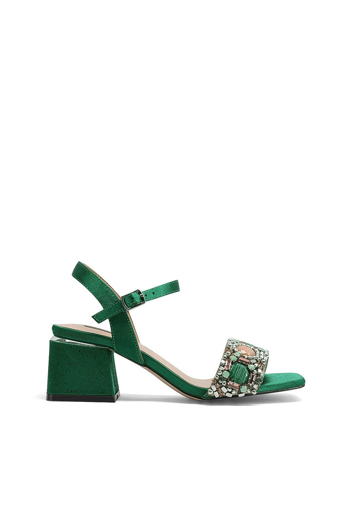 Sandali con tacco grosso e alto 6 cm con cinturino e pietre sulla tomaia. Colore verde scuro