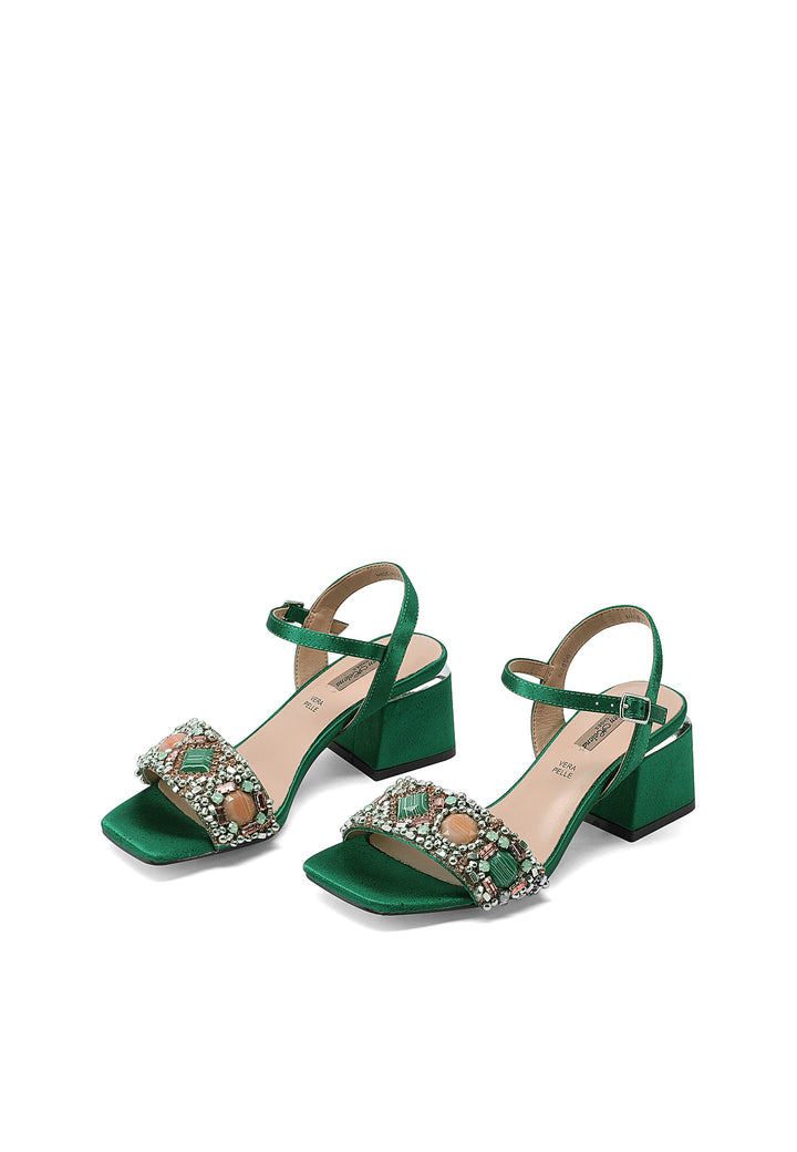 Sandali con tacco grosso e alto 6 cm con cinturino e pietre sulla tomaia. Colore verde scuro