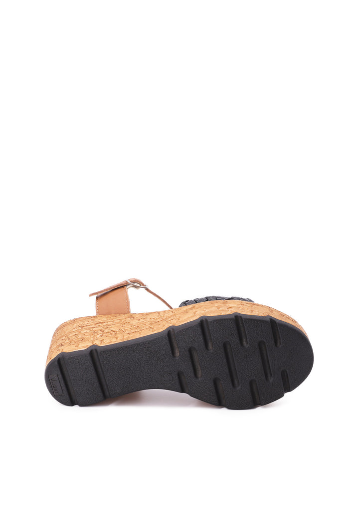 Sandali con zeppa con fascia intrecciata in vera pelle colore nero