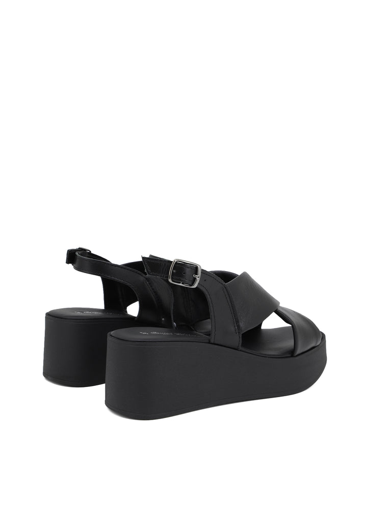 sandali con plateau doppia fascia e cinturino alla caviglia in vera pelle nera