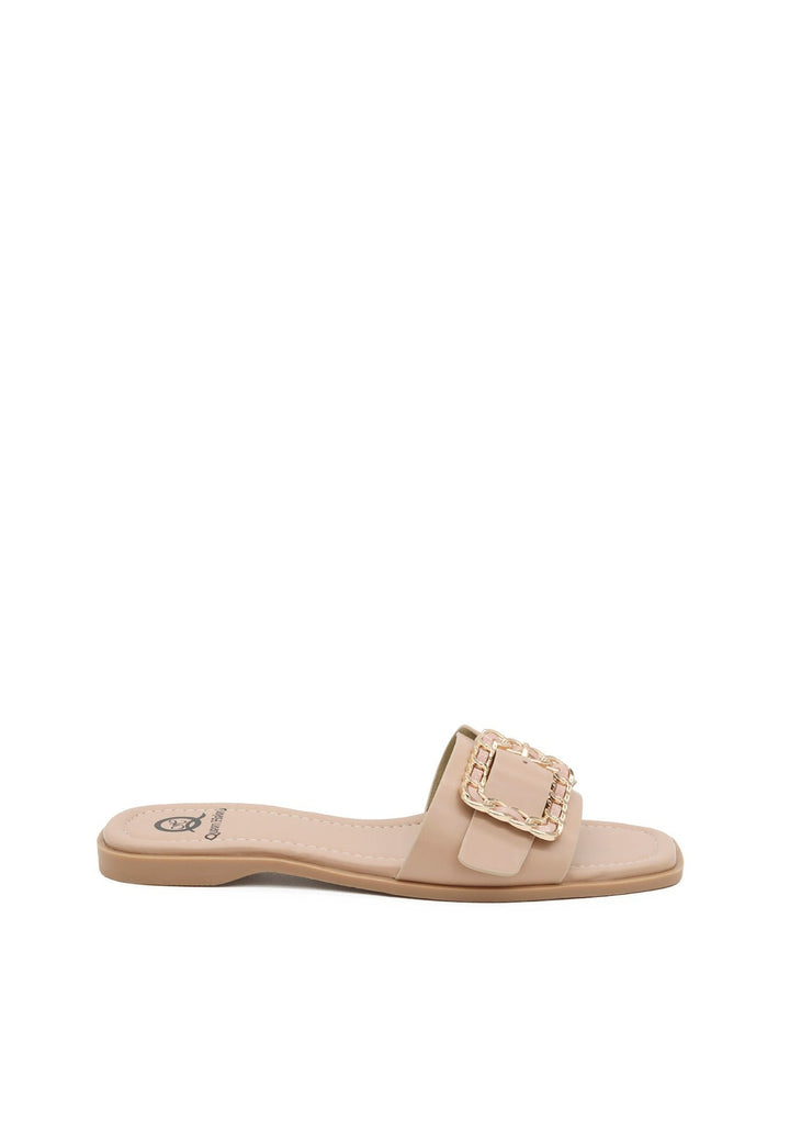 sandali ciabatte da donna bassi in ecopelle colore beige con fibbia