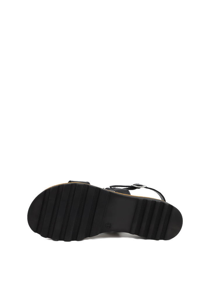 sandalo in vera pelle nera con cinturino e catena gioiello sulla fascia