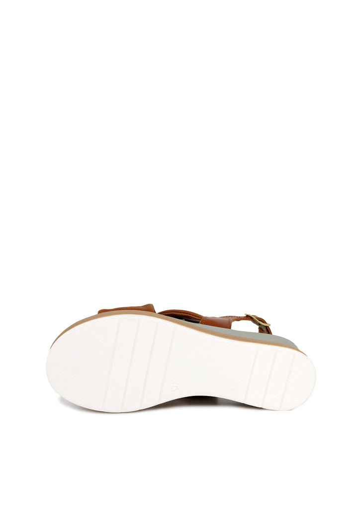 sandalo con doppia fascia in pelle color cuoio cinturino e zeppa alta 4,5 cm