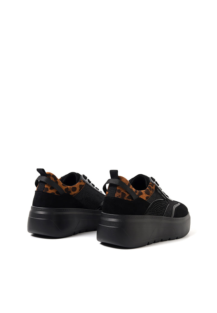 scarpe sneakers da donna con strass colore nero stringate con platform e inserto leopardato