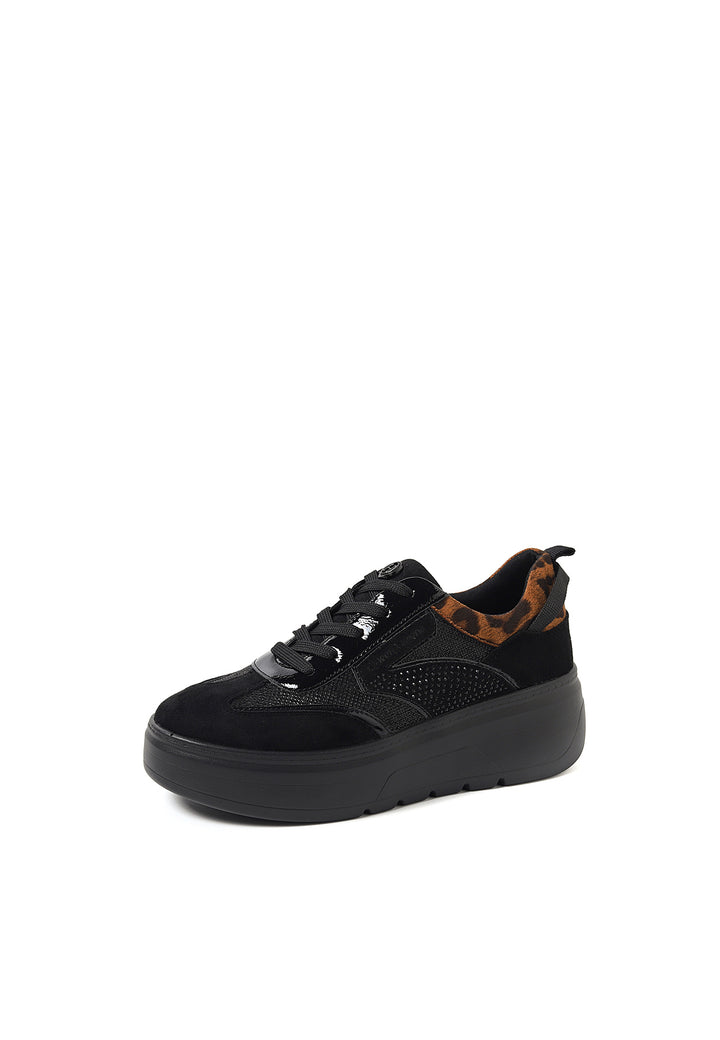 scarpe sneakers da donna con strass colore nero stringate con platform e inserto leopardato