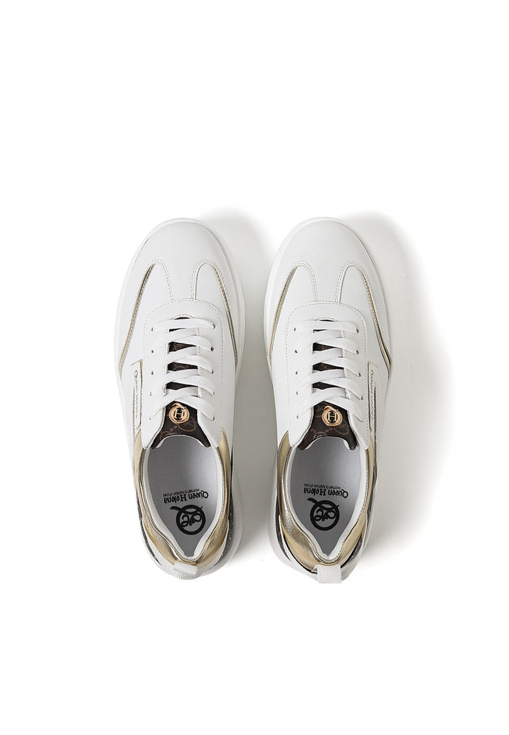 scarpe sneakers da donna con strass colore bianco stringate con platform e inserti oro