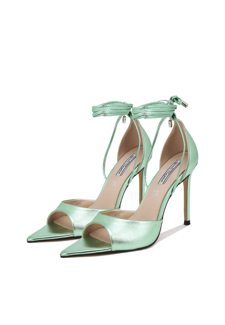 scarpe decollete con punta aperta colore verde tacco a spillo e lacci alla caviglia
