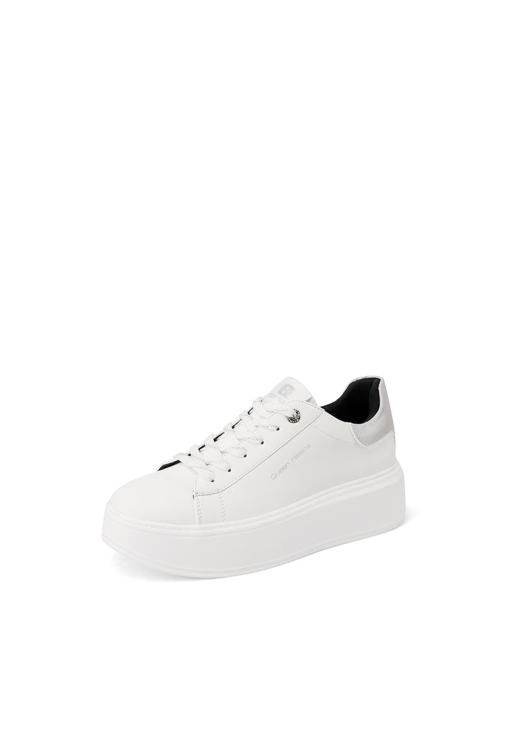 Sneakers da donna bianche Queen Helena con lacci, suola alta e dettaglio lucido sul retro