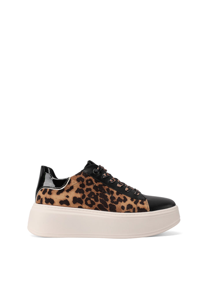 Sneakers da donna leopardato Queen Helena con lacci, suola alta e dettaglio lucido sul retro
