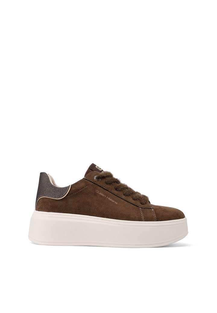 Sneakers da donna marroni Queen Helena con lacci, suola alta e dettaglio lucido sul retro