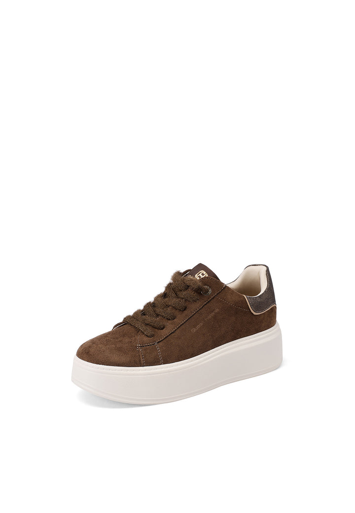 Sneakers da donna marroni Queen Helena con lacci, suola alta e dettaglio lucido sul retro
