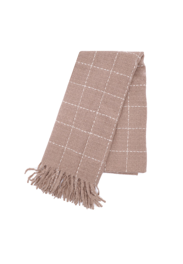 Sciarpa donna in tessuto morbido viscosa a quadri con frange beige