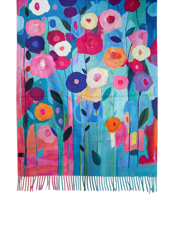 sciarpa da donna con frange color eblu tema floreale