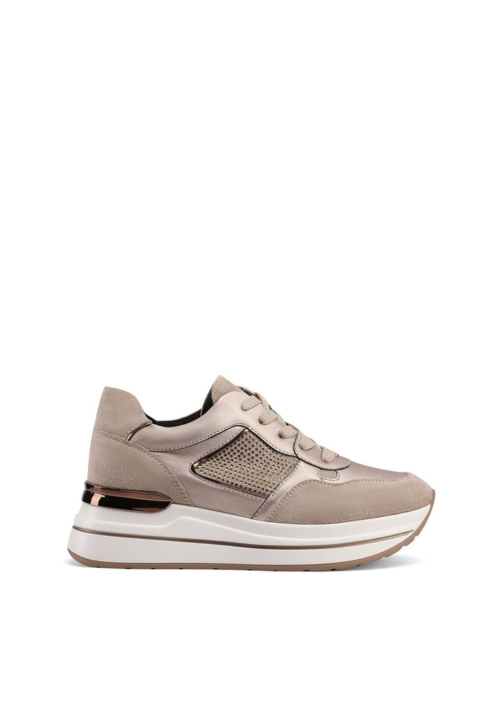 Sneakers stringate beige da donna con suola alta e strass