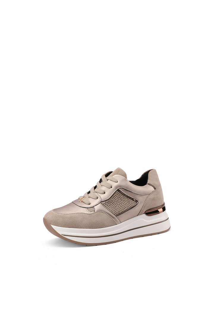 Sneakers stringate beige da donna con suola alta e strass