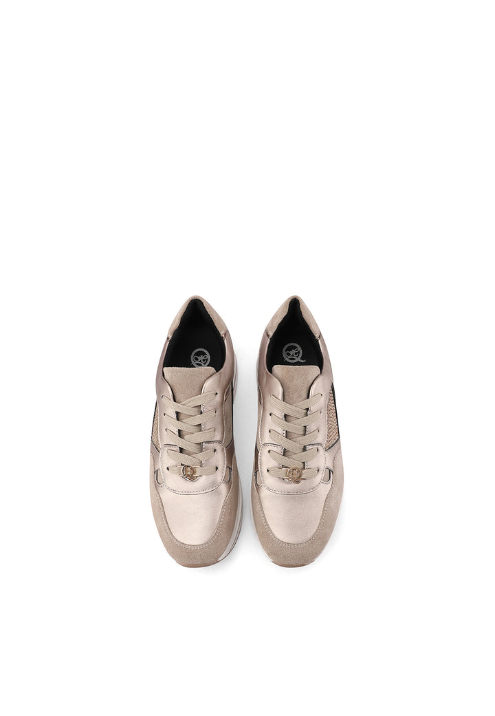 Sneakers stringate beige da donna con suola alta e strass