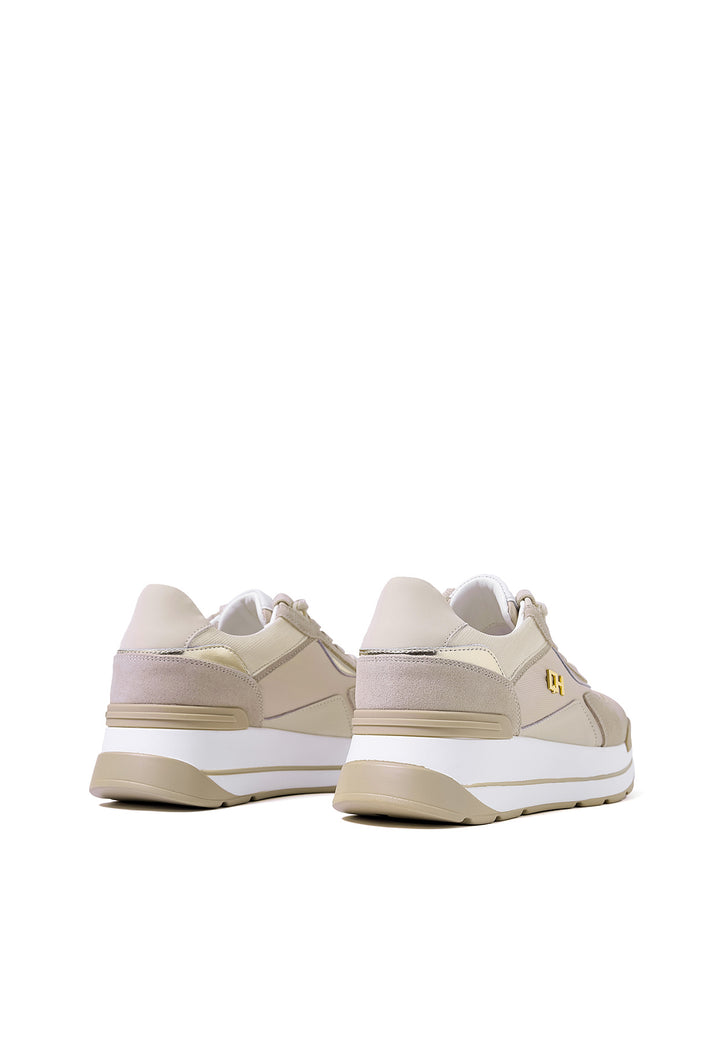 Sneakers stringate in vera pelle con suola alta colore beige