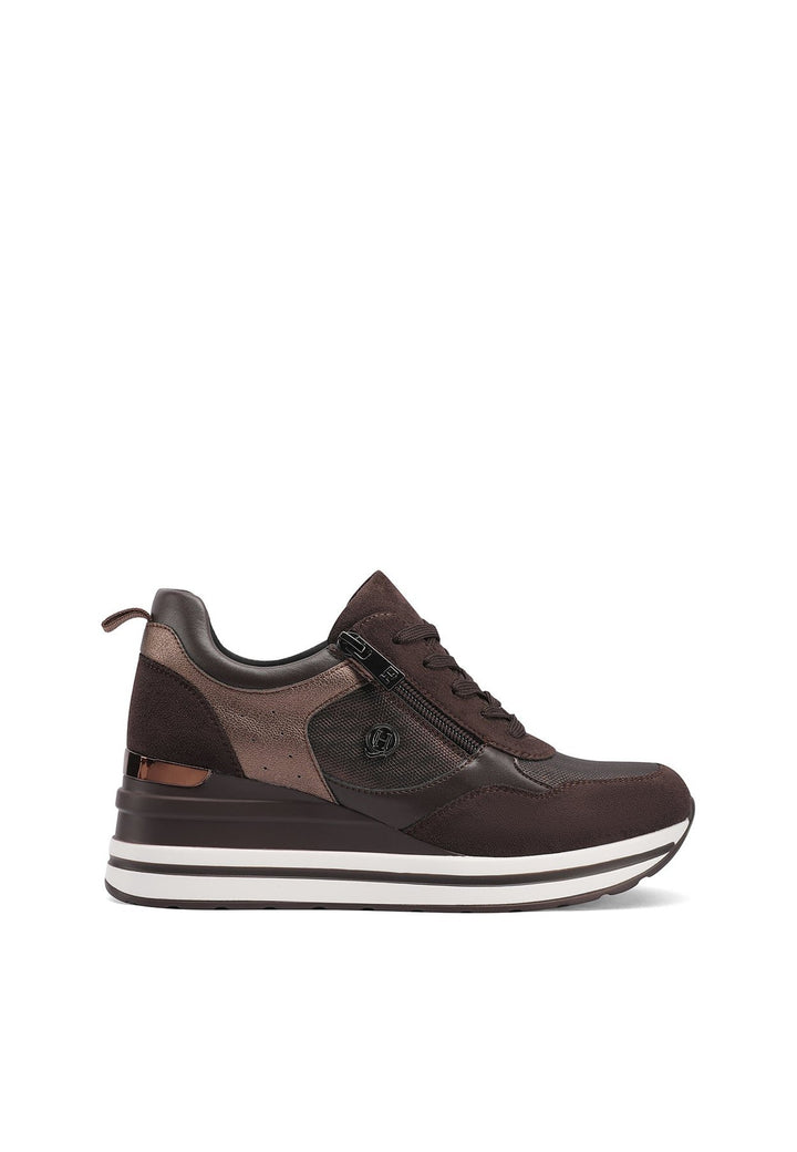 sneakers stringate da donna con suola alta lacci e zip. Colore marrone