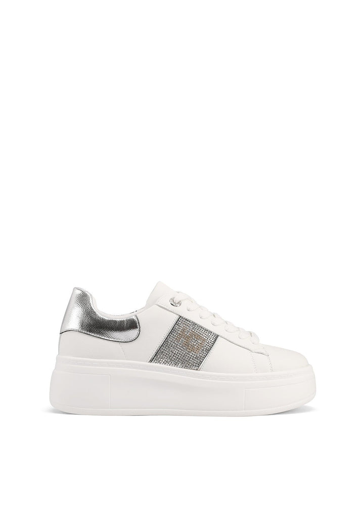 Sneakers bianche da donna con suola alta con strass e dettaglio dietro il tallone colore argento