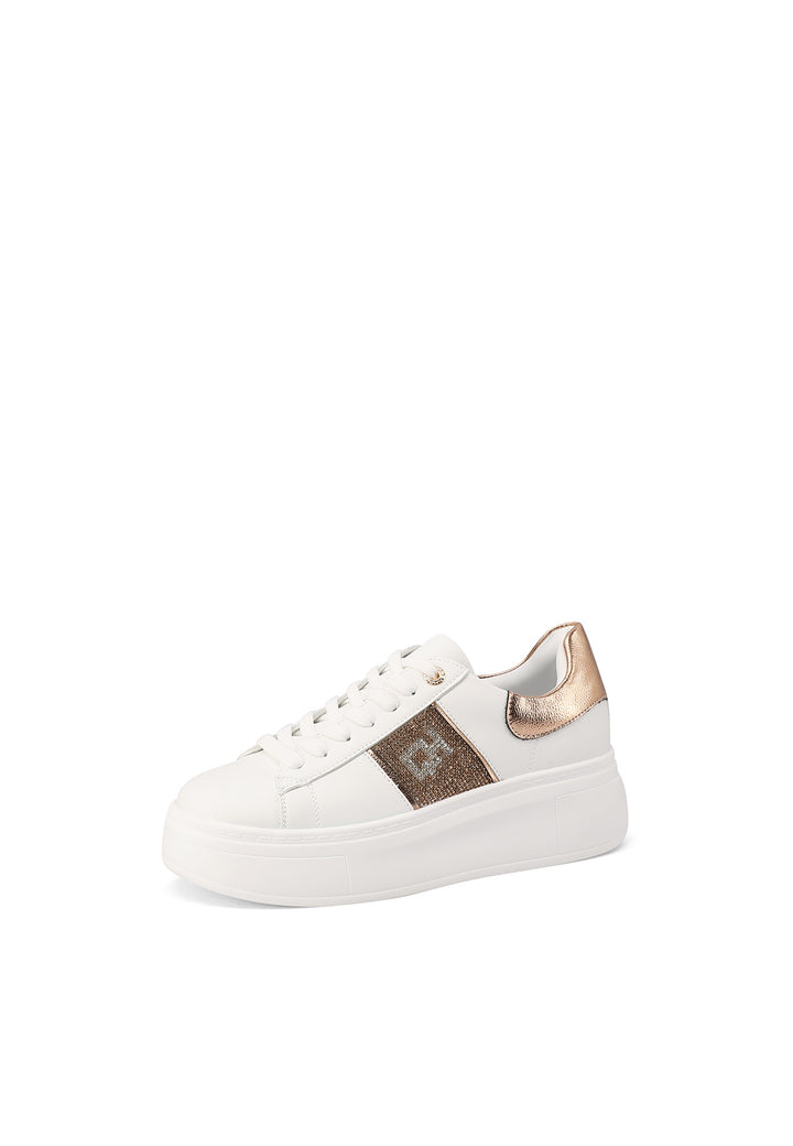 Sneakers bianche da donna con suola alta con strass e dettaglio dietro il tallone colore oro